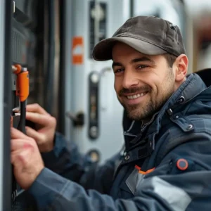 Über uns: Der lächelnde Schlosser von Schlüsseldienst Alpen öffnet das Schloss.