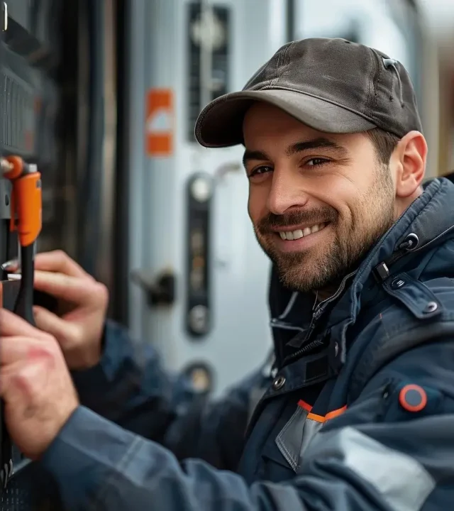 Über uns: Der lächelnde Schlosser von Schlüsseldienst Alpen öffnet das Schloss.