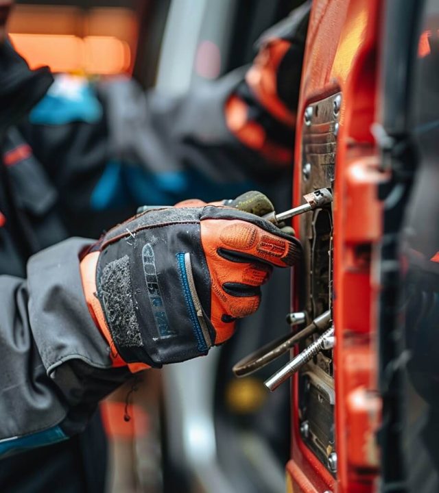 Der Schlosser von Autoöffnung Alpen repariert das Schloss an Autos, und das mit roten Handschuhen